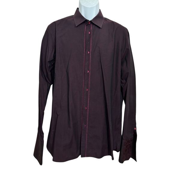 Men's TED BAKER Dark Red Dress Shirt Men Sz 16 Pinpoint Long-Sleeve Cotton - Picture 7 of 7